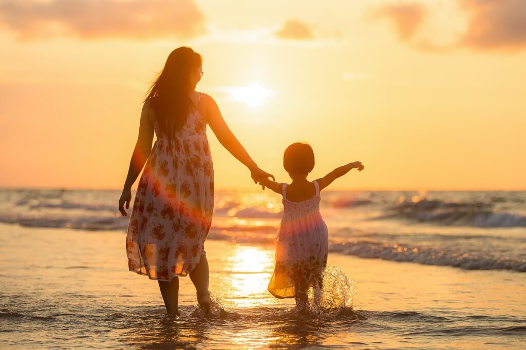 adult, mother, daughter, beach, kids, children, nature, evening, family, girl, parent, people, sea, thailand, happy mothers day, woman, waves, mom, mum, golden light, ocean, sunset